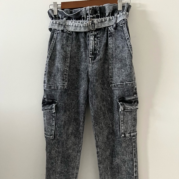 KanCan Black Acid Wash Paperbag Waist Cargo Joggers Size 3/25 - Picture 1 of 14